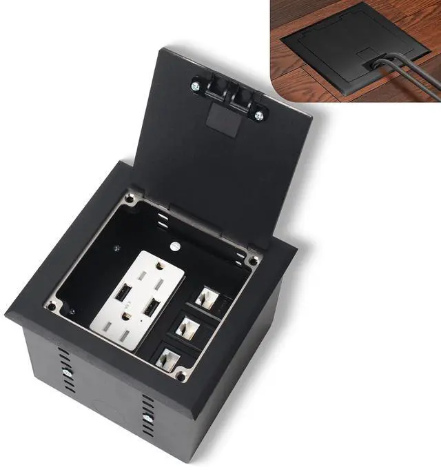 Main image of Recessed Flat Hidden Socket Kit with 2 * 15A Receptacle4.8A*2 USB-A Ports +3-Port RJ45 Datacom Receptacle. Internal Height AdjustableCorrosive Resistant Hardware,Black