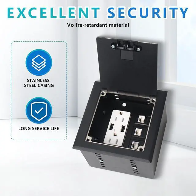 Alt view image 4 of 7 - Recessed Flat Hidden Socket Kit with 2 * 15A Receptacle4.8A*2 USB-A Ports +3-Port RJ45 Datacom Receptacle. Internal Height AdjustableCorrosive Resistant Hardware,Black