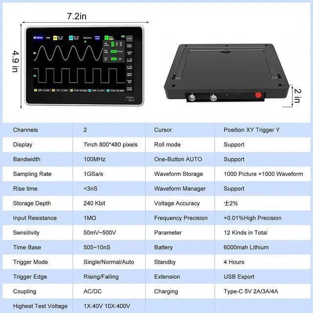 Alt view image 2 of 7 - 1013D Plus Oscilloscope, Portable Handheld Tablet Oscilloscope with 100X High Voltage Probe, 2 Channel 100Mhz Bandwidth 7" TFT LCD Touch Screen 1GSa/s Sampling Rate