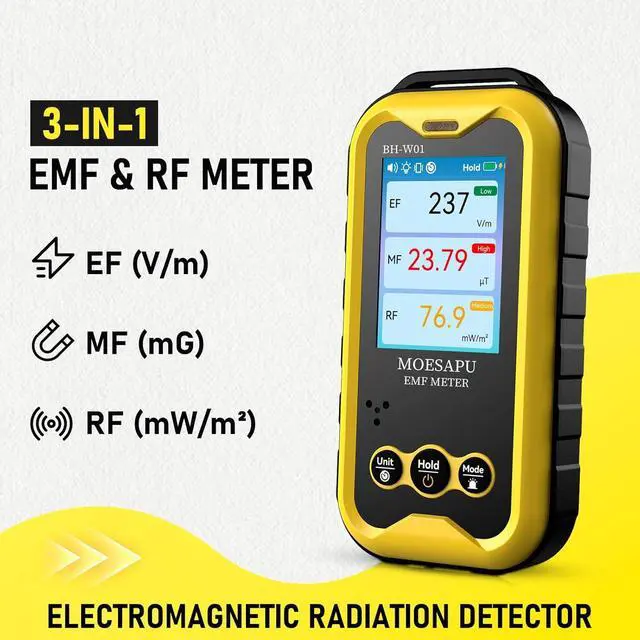 Alt view image 2 of 7 - 3-in-1 EMF Detector, Electromagnetic Radiation Meter for EF MF RF Electric Magnetic Radio Field, Clip-On Portable Rechargeable Battery Operated Reader for Microwave Home Office, BH-W01