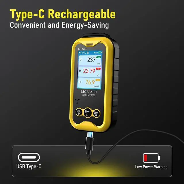 Alt view image 4 of 7 - 3-in-1 EMF Detector, Electromagnetic Radiation Meter for EF MF RF Electric Magnetic Radio Field, Clip-On Portable Rechargeable Battery Operated Reader for Microwave Home Office, BH-W01