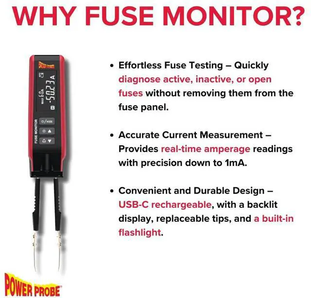 Alt view image 3 of 6 - PPFUSE Fuse Monitor - Circuit Tester for Mini, Maxi & ATC Fuses  Live Current Readings Up to 80A  Replaceable Tips, and Built-in Flashlight
