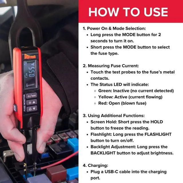 Alt view image 5 of 6 - PPFUSE Fuse Monitor - Circuit Tester for Mini, Maxi & ATC Fuses  Live Current Readings Up to 80A  Replaceable Tips, and Built-in Flashlight