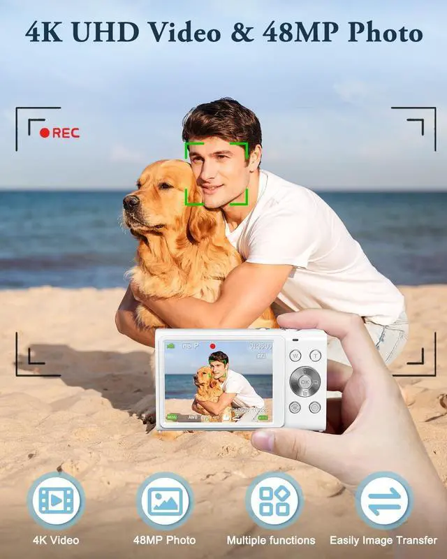 Alt view image 3 of 7 - Digital Camera, 4K Autofocus Vlogging Camera with Flash, 48MP Point and Shoot Digital Camera with 16X Zoom, Anti-Shake, 32GB Card, Portable Compact Camera for Teens Adult Beginner(White)