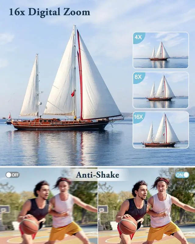 Alt view image 4 of 7 - Digital Camera, 4K Autofocus Vlogging Camera with Flash, 48MP Point and Shoot Digital Camera with 16X Zoom, Anti-Shake, 32GB Card, Portable Compact Camera for Teens Adult Beginner(White)