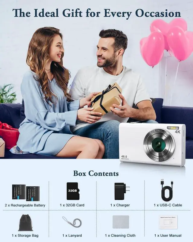 Alt view image 7 of 7 - Digital Camera, 4K Autofocus Vlogging Camera with Flash, 48MP Point and Shoot Digital Camera with 16X Zoom, Anti-Shake, 32GB Card, Portable Compact Camera for Teens Adult Beginner(White)