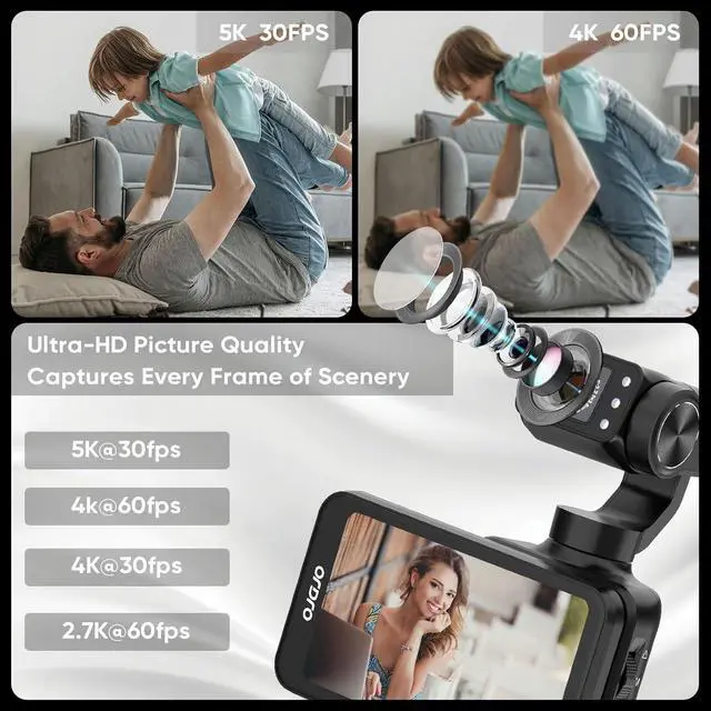 Alt view image 3 of 7 - M5 Handheld Camera 5K, 3-Axis Stabilisation Video Camcorder, Portable IR Night Vision WiFi Vlogging Camera with 120° Wide Angle, Face Tracking, 64G Card, Remote Control, Bracket