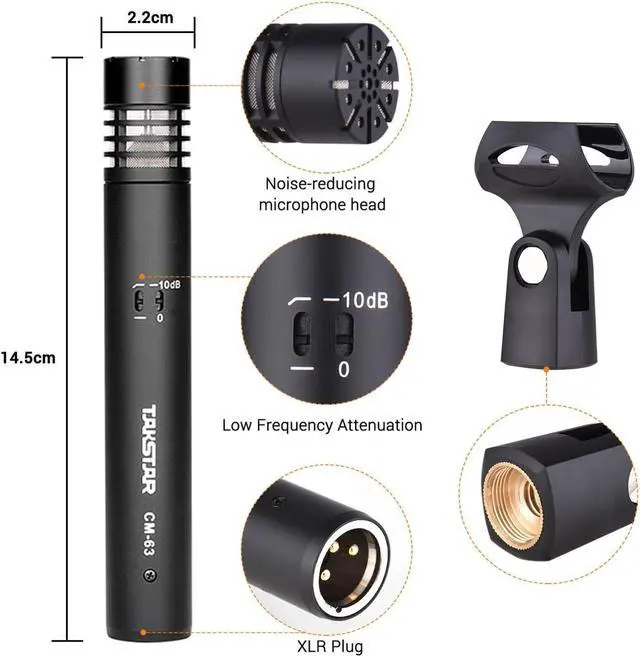 Alt view image 7 of 7 - Instrument Microphone with Clip, Cardioid Condenser Professional Instrument Mic, XLR Gold-Plated Diaphragm Sound Head Microphone for Studio, Instrument, Interview, Radio Stations CM-63