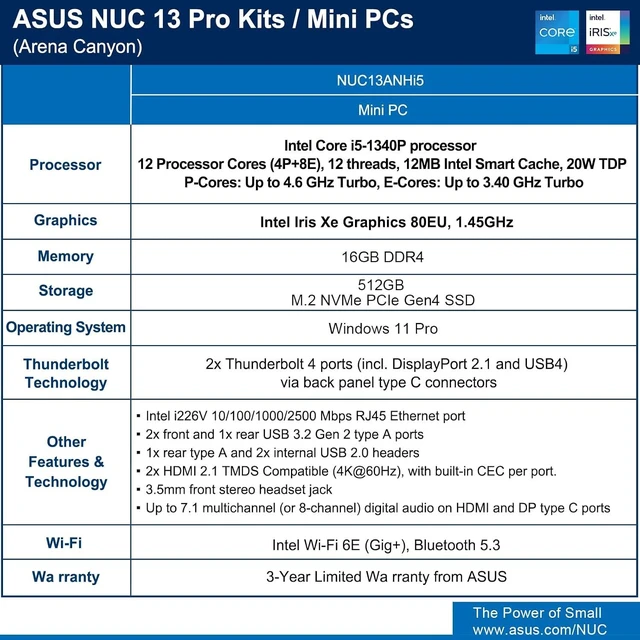 Alt view image 5 of 7 - NUC 13 Pro NUC13ANHi5 Core i5-1340P, 16GB RAM, 512TB SSD