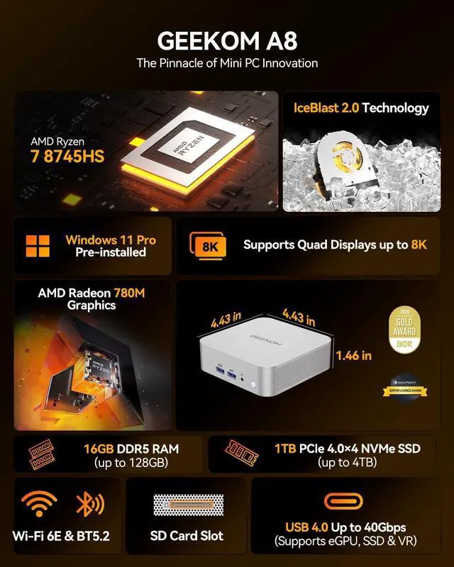 Alt view image 2 of 7 - GEEKOM A8 Mini PC with AMD Ryzen 7 8745HS, 16GB DDR5 RAM (Upgradable), 1TB NVMe SSD, Windows 11 Pro Mini Computer for Office & Creator, Dual USB4, SD Card Slot, 8K, WiFi 6E, 2.5G LAN, 3-Year Warranty