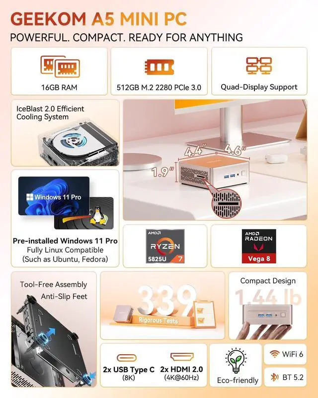 Alt view image 2 of 7 - GEEKOM A5 Mini PC for Home Office & Coding, AMD Ryzen 7 5825U, 3-Year Coverage, 16GB RAM (Upgradable) & 512GB M.2 NVMe SSD, Windows 11 Pro Desktop Computer, SD Slot, 8K, Dual HDMI | Wi-Fi 6, BT 5.2