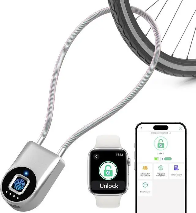 Main image of Fingerprint Padlock, Fingerprint Cable Lock with Bluetooth APP Contral, 15'' Waterproof Keyless Smart Cable Lock Heavy Duty Anti Theft for Bike, Outdoor, Fridge, Gate, Fence, Silver