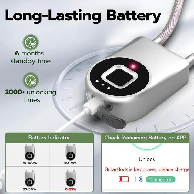 Alt view image 6 of 7 - Fingerprint Padlock, Fingerprint Cable Lock with Bluetooth APP Contral, 15'' Waterproof Keyless Smart Cable Lock Heavy Duty Anti Theft for Bike, Outdoor, Fridge, Gate, Fence, Silver