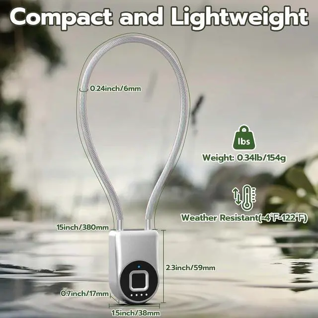 Alt view image 7 of 7 - Fingerprint Padlock, Fingerprint Cable Lock with Bluetooth APP Contral, 15'' Waterproof Keyless Smart Cable Lock Heavy Duty Anti Theft for Bike, Outdoor, Fridge, Gate, Fence, Silver