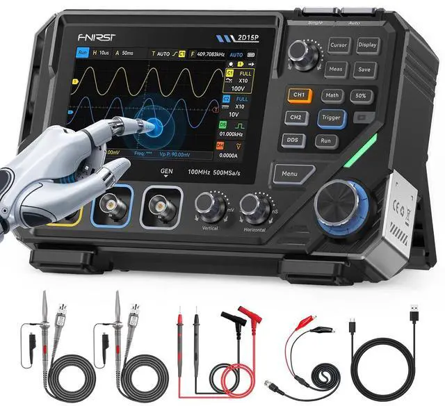 Main image of FNIRSI 2D15P 100MHz 3-in-1 Oscilloscope Multimeter DDS Signal Generator | 2 Channel Digital Oscilloscope 500MS/s, 19,999 Counts TRMS Rechargeable Multimeter, 4.3'' Touchscreen for Electronics Repair