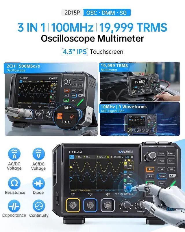 Alt view image 2 of 7 - FNIRSI 2D15P 100MHz 3-in-1 Oscilloscope Multimeter DDS Signal Generator | 2 Channel Digital Oscilloscope 500MS/s, 19,999 Counts TRMS Rechargeable Multimeter, 4.3'' Touchscreen for Electronics Repair