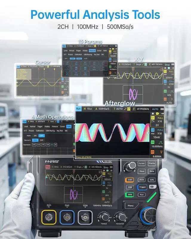 Alt view image 3 of 7 - FNIRSI 2D15P 100MHz 3-in-1 Oscilloscope Multimeter DDS Signal Generator | 2 Channel Digital Oscilloscope 500MS/s, 19,999 Counts TRMS Rechargeable Multimeter, 4.3'' Touchscreen for Electronics Repair