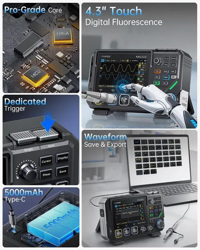 Alt view image 6 of 7 - FNIRSI 2D15P 100MHz 3-in-1 Oscilloscope Multimeter DDS Signal Generator | 2 Channel Digital Oscilloscope 500MS/s, 19,999 Counts TRMS Rechargeable Multimeter, 4.3'' Touchscreen for Electronics Repair