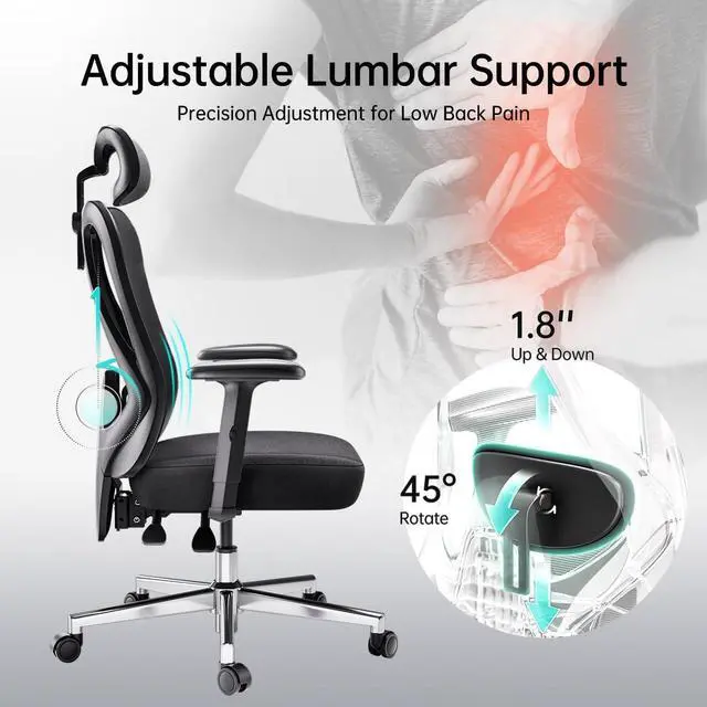 Alt view image 5 of 7 - P3 Ergonnomic Office Chair with 2D Adjustable Lumbar Support, Office Chairs with Adjustable Headrest and Armrest, 145° Stepless Tilt Function, Black(No Footrest)