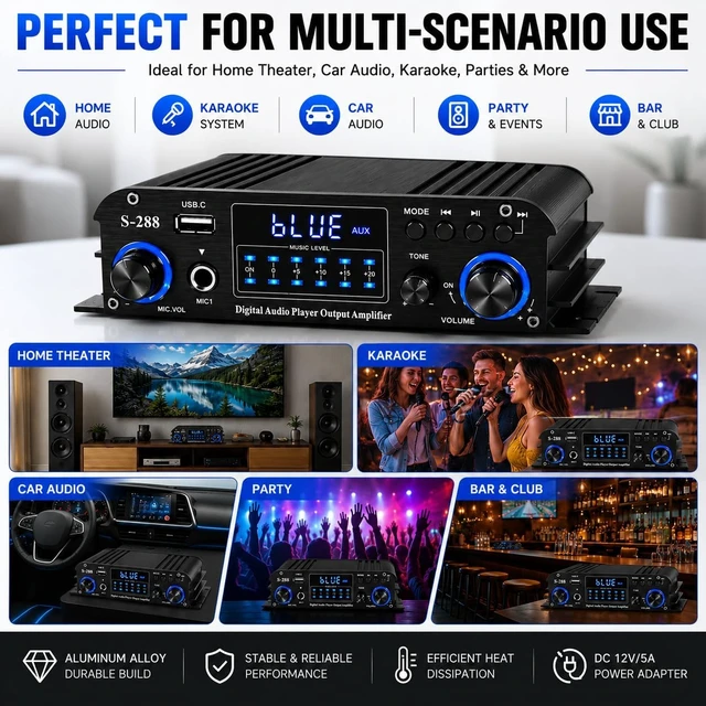 Alt view image 6 of 7 - 4 Channel Bluetooth 5.0 Stereo Amplifier, 50Wx4 Home Audio Stereo Receiver, 1200W Max, USB/SD/FM, Class D HiFi Power Amp for Home Theater, Car & Karaoke, Includes Remote & Power Adapter