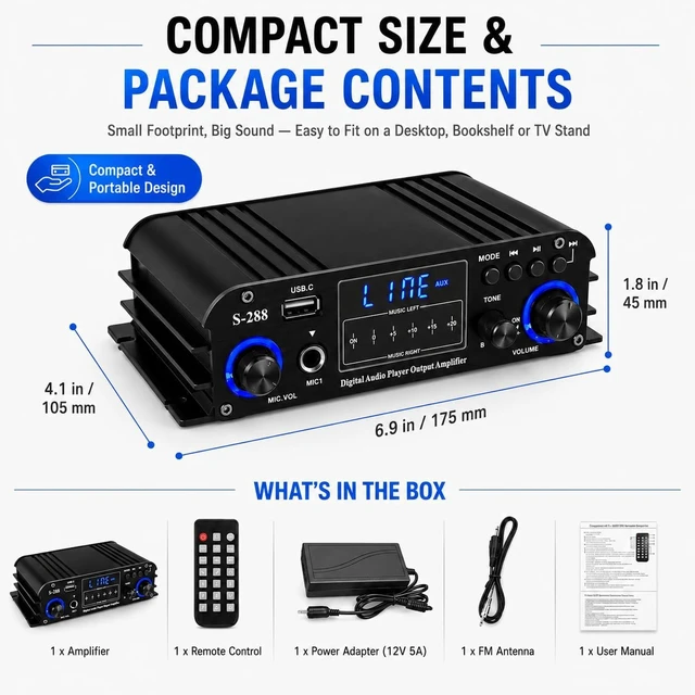 Alt view image 7 of 7 - 4 Channel Bluetooth 5.0 Stereo Amplifier, 50Wx4 Home Audio Stereo Receiver, 1200W Max, USB/SD/FM, Class D HiFi Power Amp for Home Theater, Car & Karaoke, Includes Remote & Power Adapter