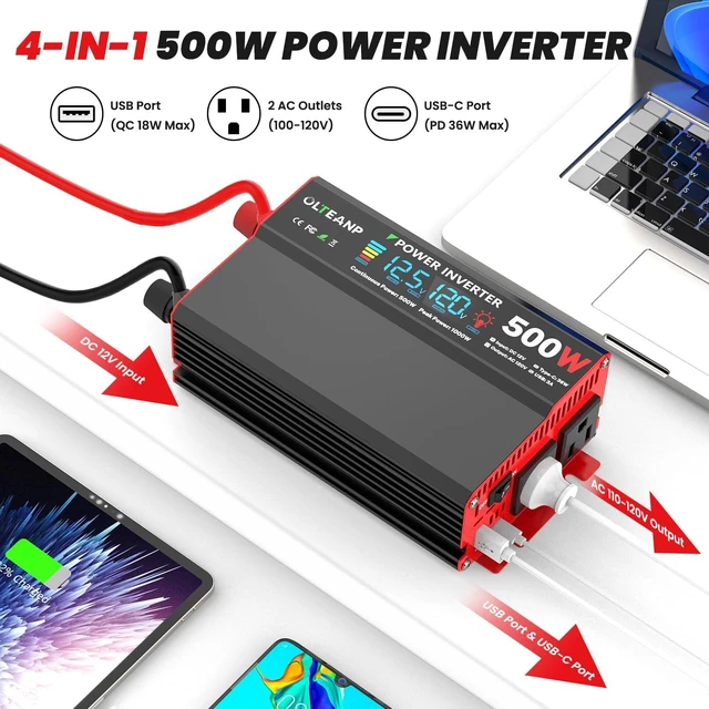 Alt view image 2 of 7 - 500W Power Inverter, 12V DC to 110V/120V AC LCD Display, 2 AC Outlets, 36W Type-C & 5V/3A USB Ports, Car Plug Adapter for Truck, Home, Camping, Laptop & Trip