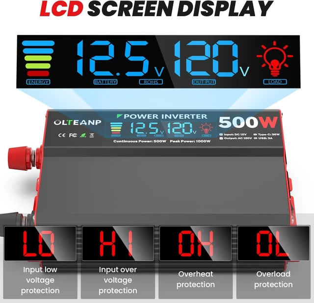 Alt view image 4 of 7 - 500W Power Inverter, 12V DC to 110V/120V AC LCD Display, 2 AC Outlets, 36W Type-C & 5V/3A USB Ports, Car Plug Adapter for Truck, Home, Camping, Laptop & Trip