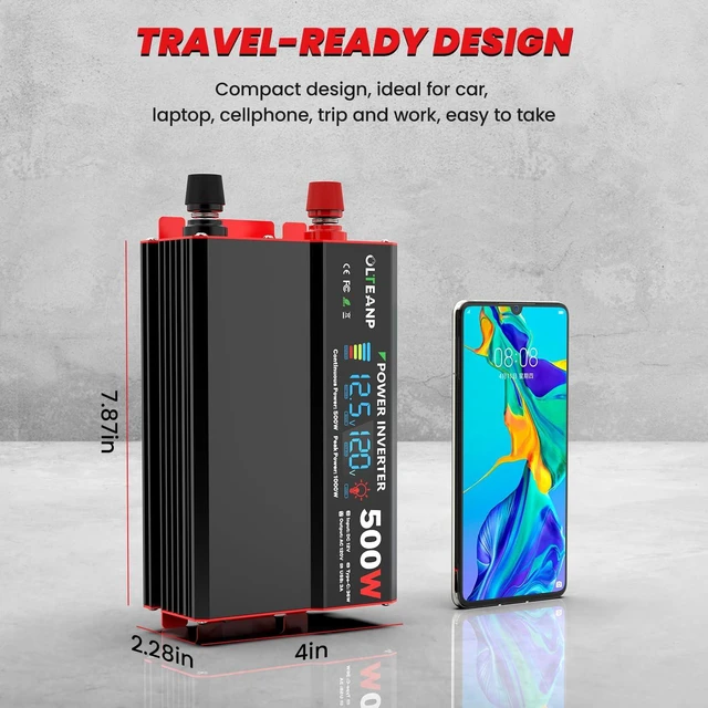 Alt view image 6 of 7 - 500W Power Inverter, 12V DC to 110V/120V AC LCD Display, 2 AC Outlets, 36W Type-C & 5V/3A USB Ports, Car Plug Adapter for Truck, Home, Camping, Laptop & Trip