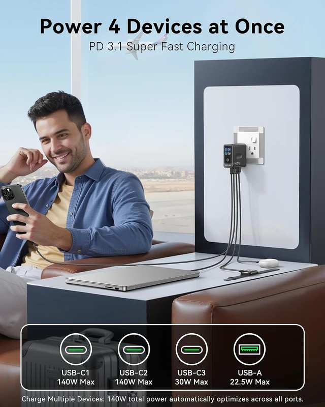 Alt view image 2 of 7 - MOKiN 140W USB C Charger, 4-Port Smart Display GaN Fast Charger for MacBook