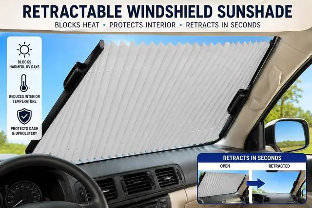 Alt view image 2 of 6 - 25" Retractable Windshield Sunshade - Car & Truck Windshield Shade for SUVs, Pickups & Sedans, Accordion Retractable Design, UV Protection, Heat Blocking Sun Shade