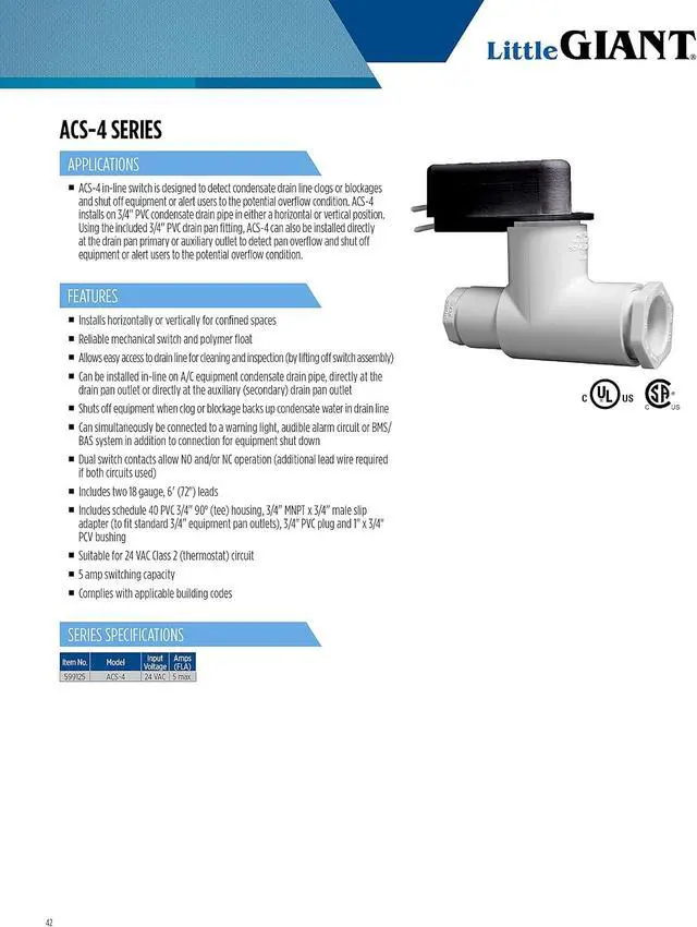 Alt view image 4 of 4 - ACS-4 In-Line Condensate Drain Overflow Shut-off Switch, 24 VAC Input Voltage, 5 Amp Capacity, 72 inch Leads, Black/White, 599125