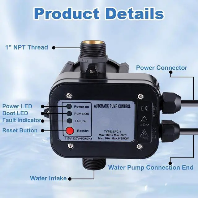 Alt view image 3 of 7 - Smart Water Pump Pressure Controller - Automatic Electronic Switch, Adjustable Pressure Range 1.5-2.5bar, Easy Plug-and-Play, 110-120V, Ideal for Various Pump Types