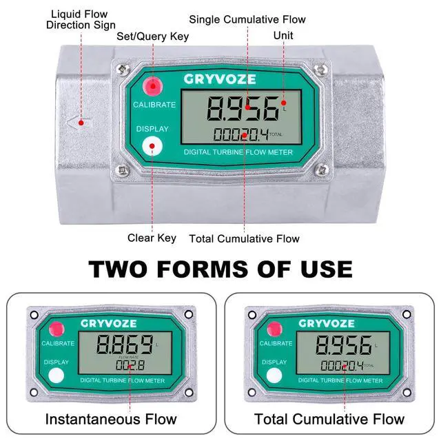 Alt view image 3 of 7 - 2 Inch NPT Digital Reset Flow Meter, 15.8-132 GPM Inline Fuel Turbine Flowmeter with LCD Display for Water, Diesel, Gas Oil, Gasoline, and Other Liquids - Supports Gallon, QTS, PTS, L, m³