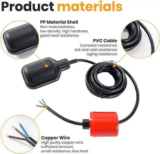 Alt view image 3 of 6 - Plugless Float Switch, IP68 Waterproof Automatic Water Level Controller, Adjustable Counterweight, 0.75mm² Copper Wire, 13FT Cord, 220V 4A for Sump Pump, Septic Tank, Pond, Water Tank,Sewage