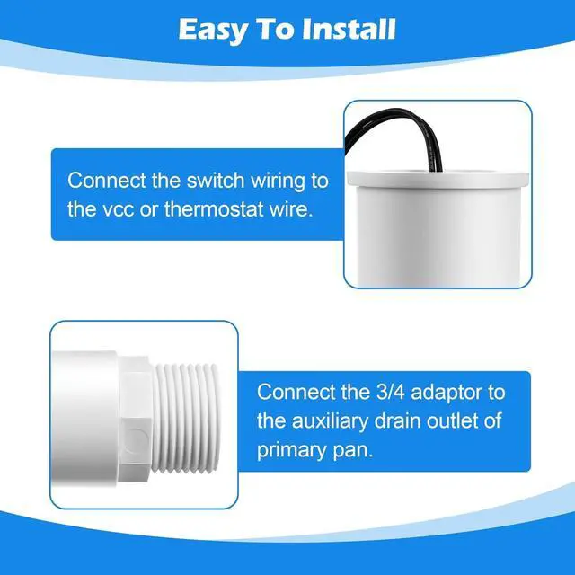 Alt view image 5 of 7 - 10 Pack SS2 Float Switch for Easy Installation, AC Float Switch with 3/4 Inch Adaptor and 6ft Wire, Water Level Accessory for HVAC System with Condensate Overflow Detection