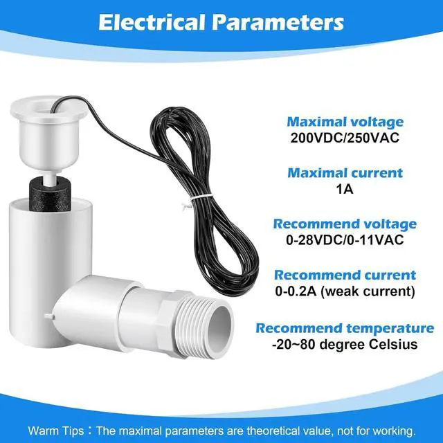 Alt view image 6 of 7 - 10 Pack SS2 Float Switch for Easy Installation, AC Float Switch with 3/4 Inch Adaptor and 6ft Wire, Water Level Accessory for HVAC System with Condensate Overflow Detection
