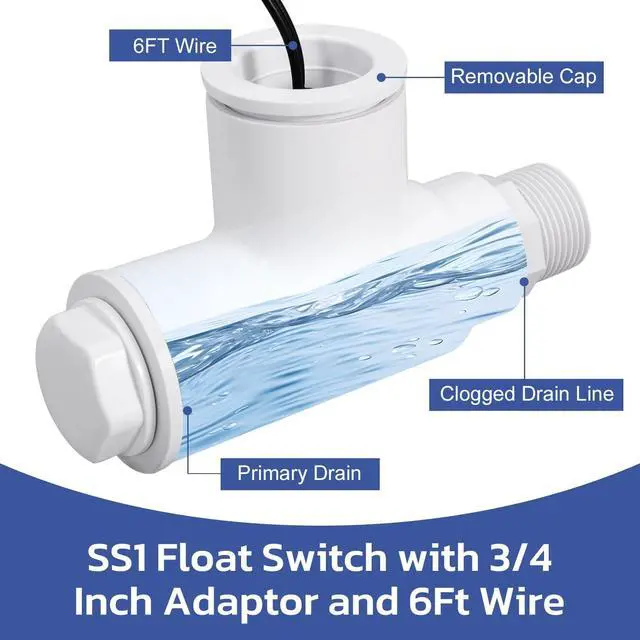 Alt view image 3 of 7 - SS1 Float Switch Condensate Overflow Switch with 3/4 Inch Adaptor and 6FT Wire for HVAC Drain Pan Condensate for condensate Overflow Detection (15PCS)
