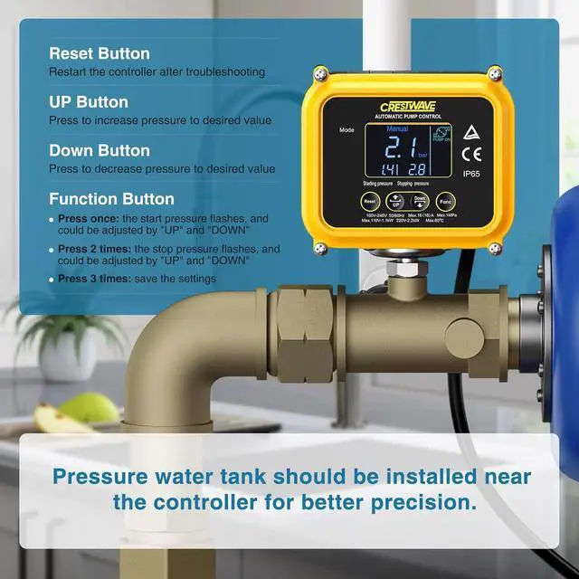 Alt view image 7 of 7 - Smart Adjustable Pressure Switch for Well Pump, Automatic Water Pumps Switch, Dry-running Protection for Submersible/Shallow Well/Garden/Jet/Self-priming Pump, Power&Pump Cable Included
