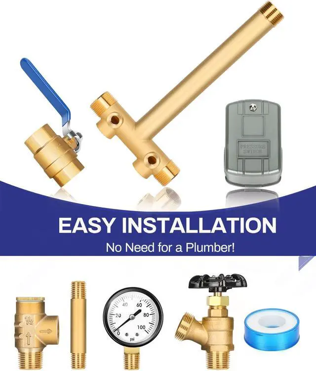 Alt view image 2 of 7 - 1"x 11"Well Pressure Tank Tee Kit with 40-60Psi Pressure Switch, Ball Valve, 100 Psi Pressure Gauge, Relief Valve, Drain Valve, Well Tank Tee Kit for Pressure Tank with Diameters Up to 16"