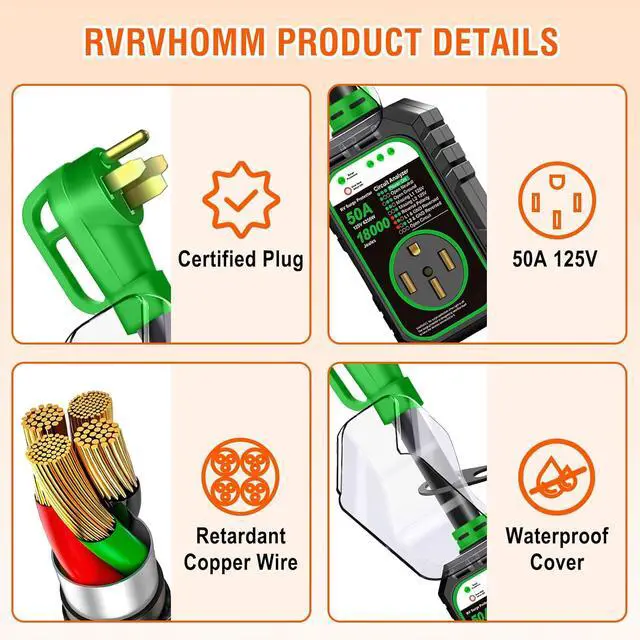 Alt view image 4 of 7 - 18000J 50Amp RV Surge Protector 50 Amp Flag Design - Upgraded Power Surges Voltage Protection Circuit Analyzer IP68 Waterproof Cover for 50A RVS Camper Trailer Must Haves (50Amp, Green)