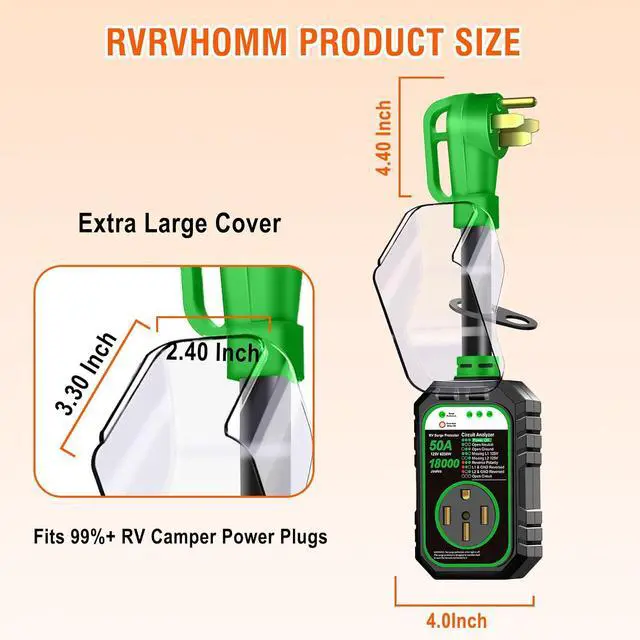 Alt view image 3 of 7 - 18000J 50Amp RV Surge Protector 50 Amp Flag Design - Upgraded Power Surges Voltage Protection Circuit Analyzer IP68 Waterproof Cover for 50A RVS Camper Trailer Must Haves (50Amp, Green)