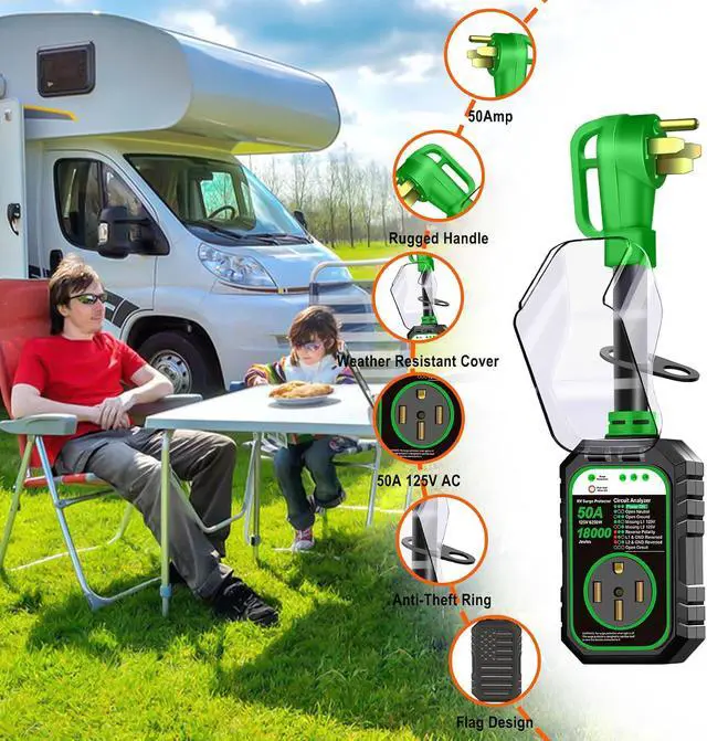 Alt view image 6 of 7 - 18000J 50Amp RV Surge Protector 50 Amp Flag Design - Upgraded Power Surges Voltage Protection Circuit Analyzer IP68 Waterproof Cover for 50A RVS Camper Trailer Must Haves (50Amp, Green)