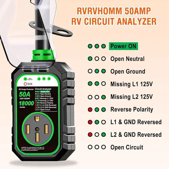 Alt view image 7 of 7 - 18000J 50Amp RV Surge Protector 50 Amp Flag Design - Upgraded Power Surges Voltage Protection Circuit Analyzer IP68 Waterproof Cover for 50A RVS Camper Trailer Must Haves (50Amp, Green)
