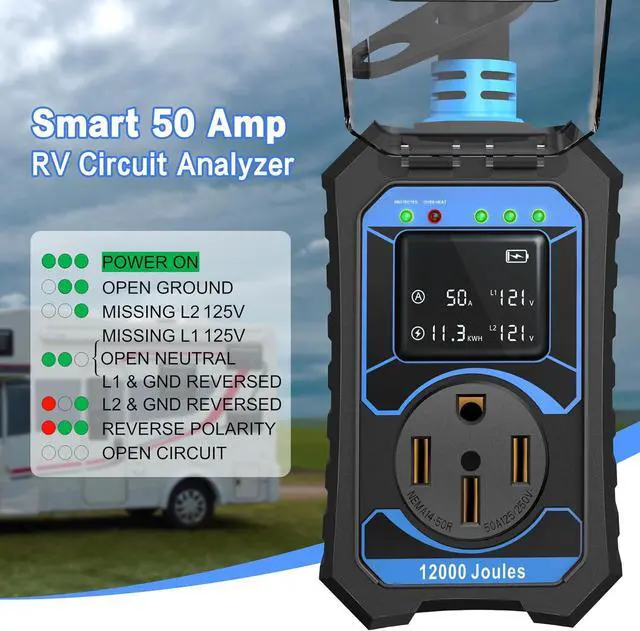 Alt view image 2 of 7 - RV Surge Protector 50 Amp Smart RV Circuit Analyzer With LED Real-time Display voltage current KWH 12000 Joules Portable Waterproof RV Surge Protector for Camper Travel Trailer Rv Accessories