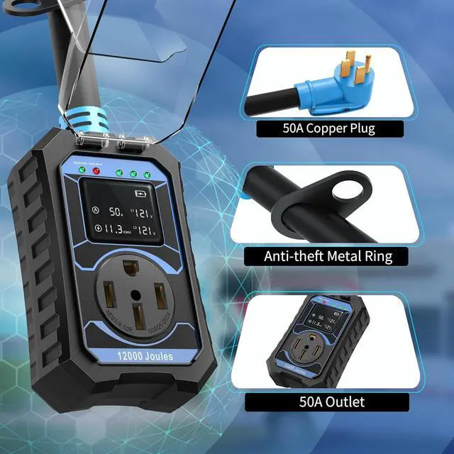 Alt view image 5 of 7 - RV Surge Protector 50 Amp Smart RV Circuit Analyzer With LED Real-time Display voltage current KWH 12000 Joules Portable Waterproof RV Surge Protector for Camper Travel Trailer Rv Accessories