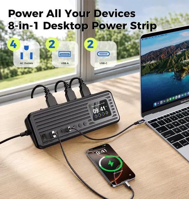 Alt view image 2 of 7 - Smart Surge Strip w/Control Switches 4AC 4USB A+C 5FT Cord Black | 8-in-1 Surge Protector Strip, 1500J lightning surge protection, fire-resistant shell & colorful digital display