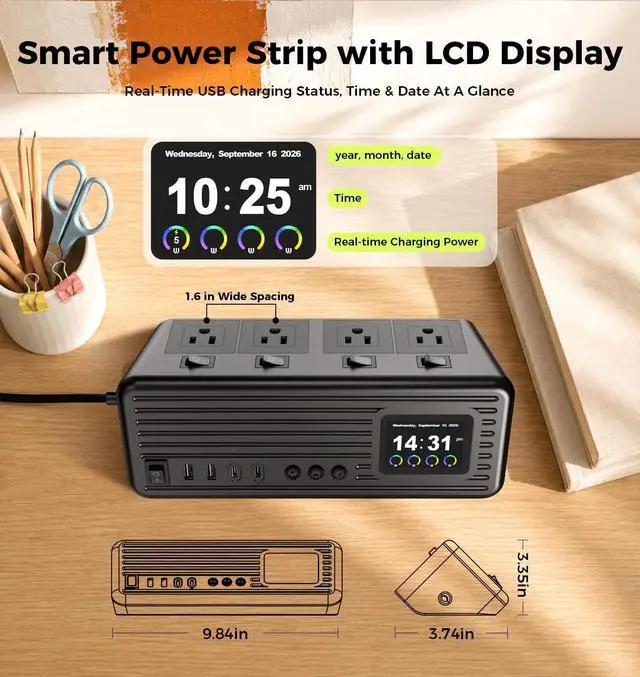 Alt view image 4 of 7 - Smart Surge Strip w/Control Switches 4AC 4USB A+C 5FT Cord Black | 8-in-1 Surge Protector Strip, 1500J lightning surge protection, fire-resistant shell & colorful digital display