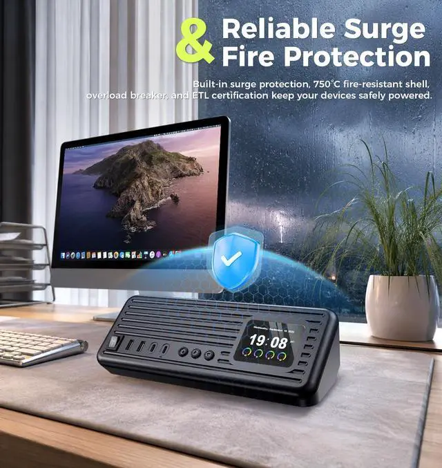 Alt view image 5 of 7 - Smart Surge Strip w/Control Switches 4AC 4USB A+C 5FT Cord Black | 8-in-1 Surge Protector Strip, 1500J lightning surge protection, fire-resistant shell & colorful digital display