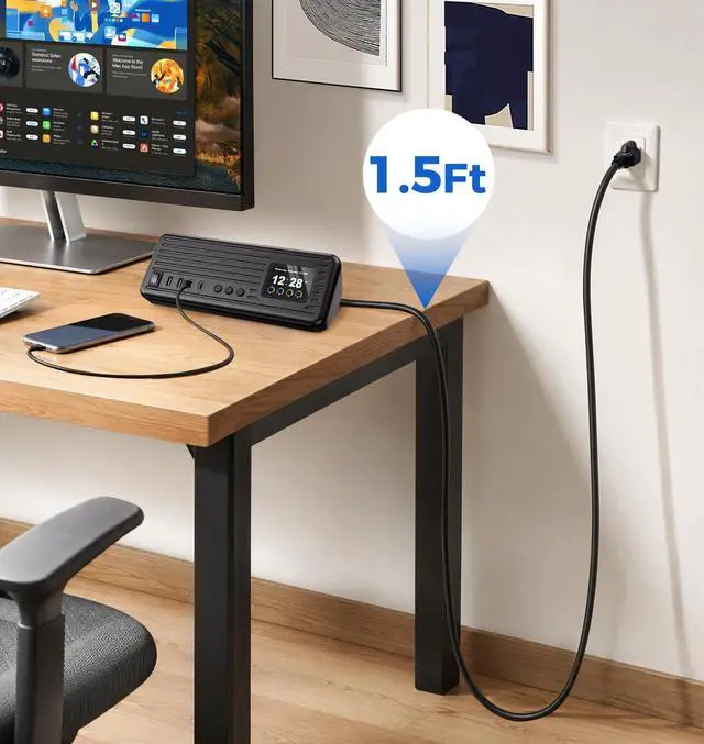 Alt view image 7 of 7 - Smart Surge Strip w/Control Switches 4AC 4USB A+C 5FT Cord Black | 8-in-1 Surge Protector Strip, 1500J lightning surge protection, fire-resistant shell & colorful digital display