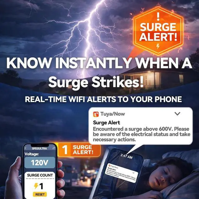 Alt view image 2 of 7 - WiFi Whole House Surge Protector,108,000 Amps/Phase, 2820 Joules (Total), Thermally Protected Metal Oxide Varistors,Surge Times,Check Surge Times and Voltage by smart Phone